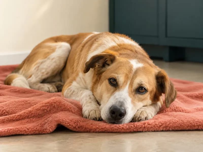 Um cão rafeiro tranquilo deitado numa manta da clínica
